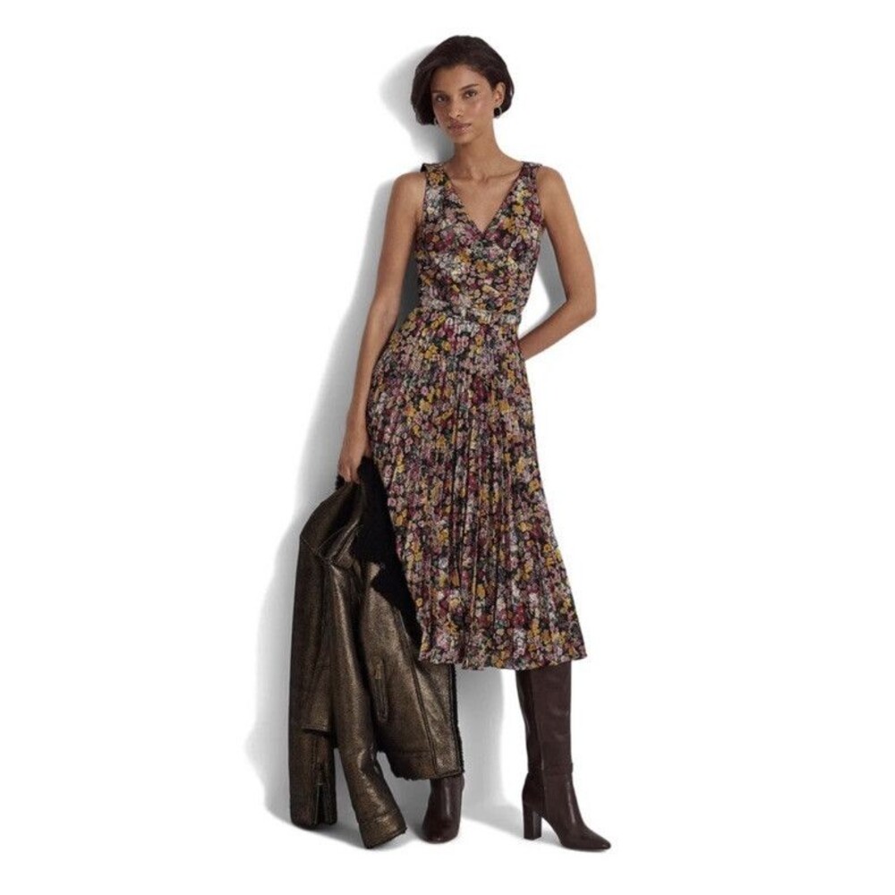 NWT Ralph Lauren Black Label Pleated Metallic Floral Dress Size 2 Jacquard - Picture 13 of 15